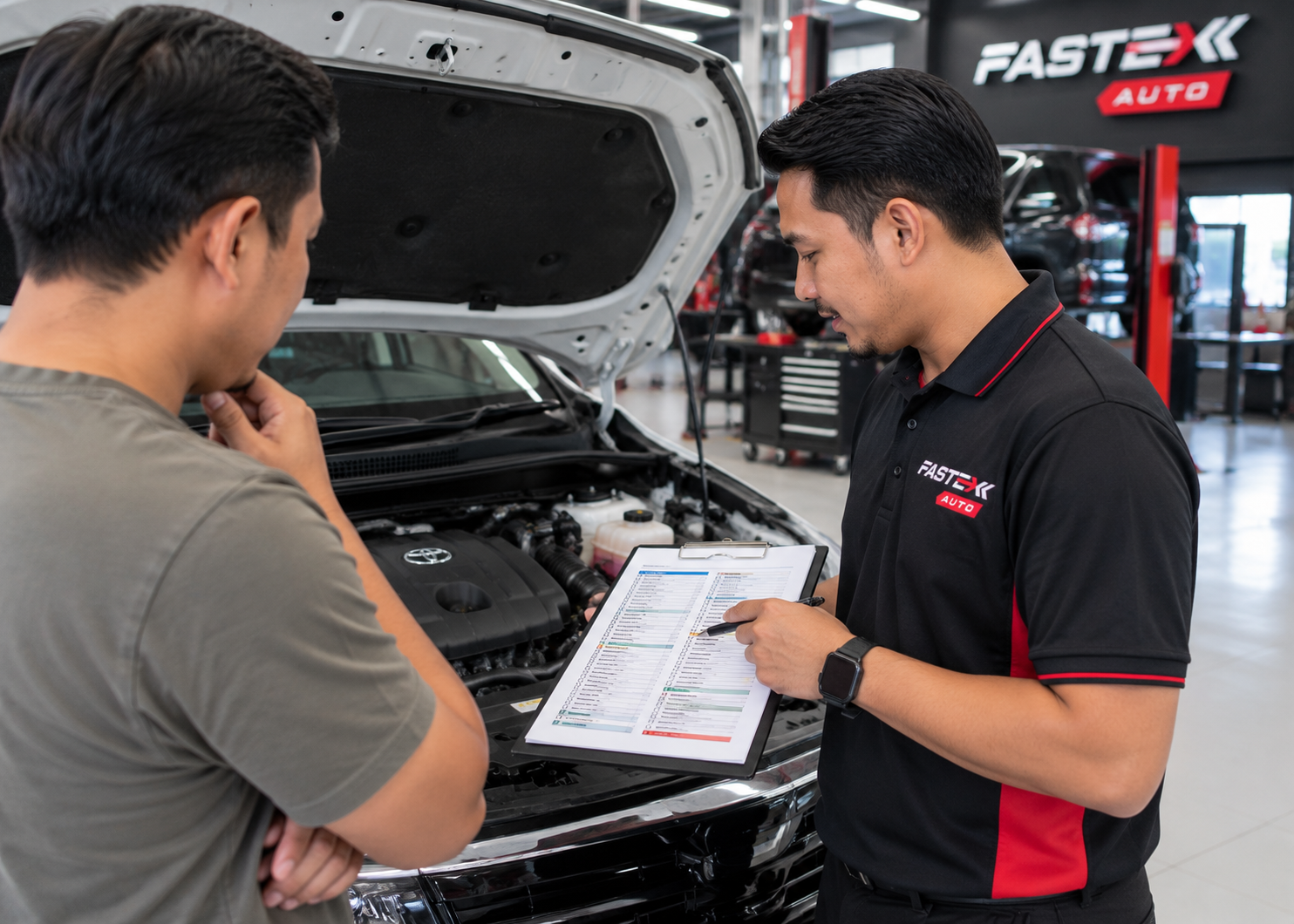 Technician completing a vehicle health check report